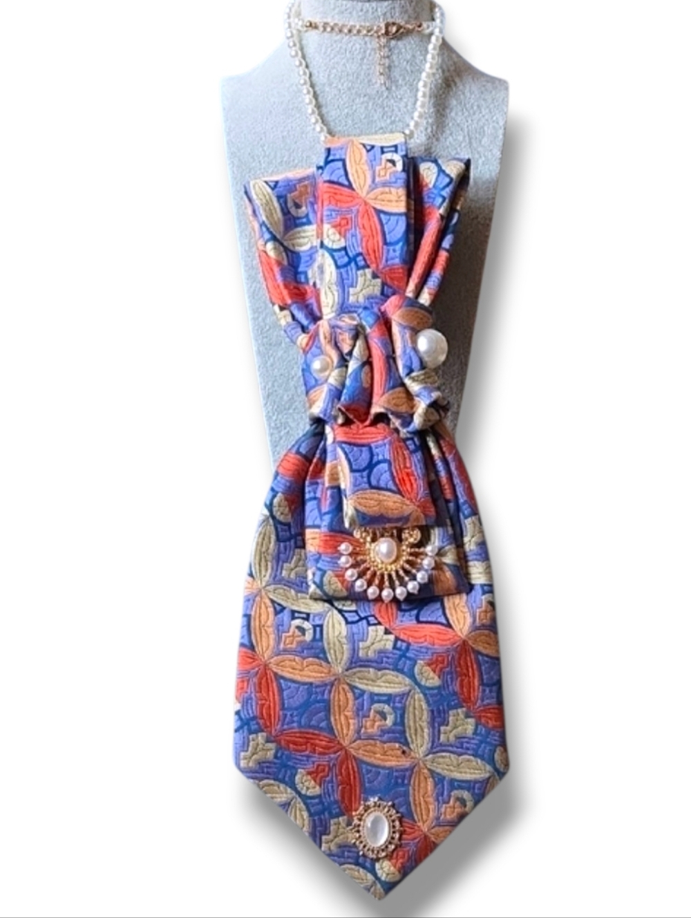 3/$60 Classic Blue Orange Folded Cravat with Decorative Pearl Pins
